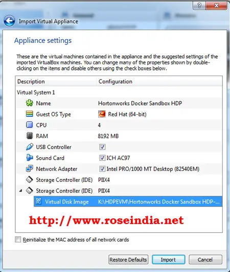 HDP Import Appliance Settings