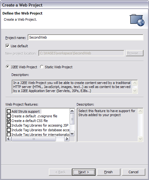 Provide a name and storage location for the Web project