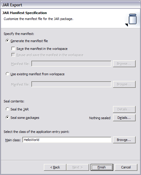 Export JAR File. Selecting the Main file