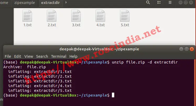 Unzip example in Linux and Ubuntu