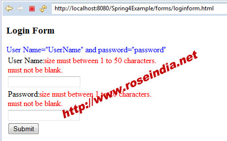 Spring login form validation error message